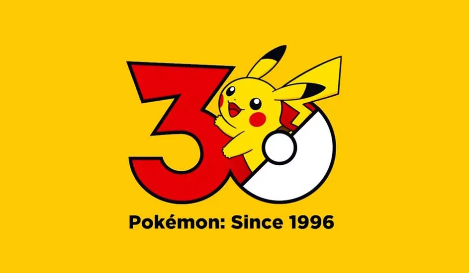 Yellow Pokémon character jumps from a bold red 30 and a Poké Ball on a bright yellow background, with the caption “Pokémon: Since 1996”.