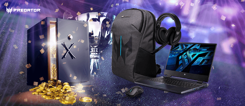 Een computer, trofee, rugzak, hoofdtelefoon, laptop, muis en munten liggen op een paarse achtergrond.