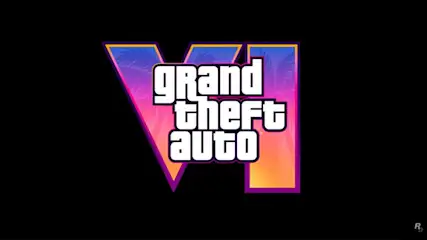 Het logo van Grand Theft Auto VI, met witte letters op een achtergrond met paarse en oranje tinten, tegen een zwarte achtergrond.
