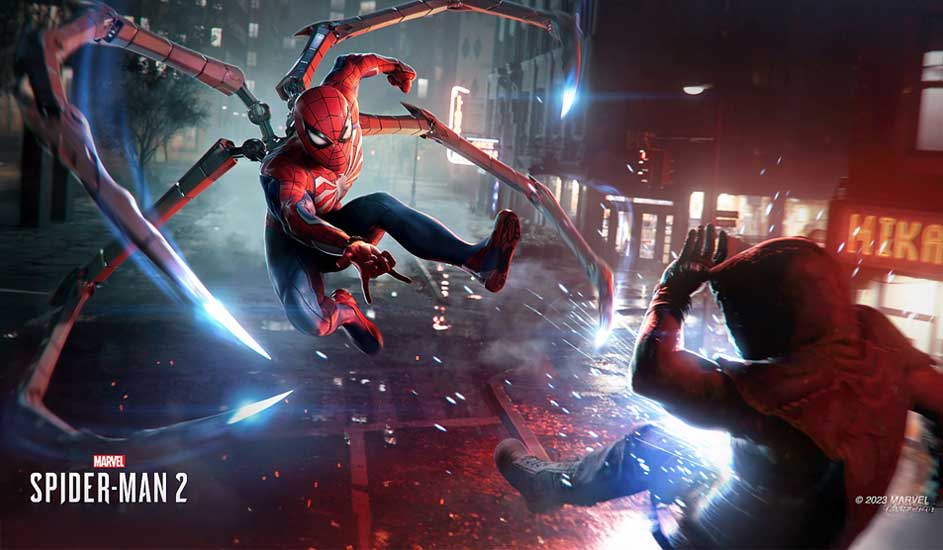 Dit is een videogame: Spider-Man springt door de nacht met metalen armen en valt een vijand aan in een regenachtige stad vol lichten.