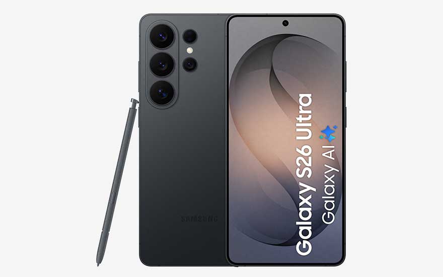 Donkergrijze Samsung Galaxy S26 Ultra met stylus, groot scherm met S26-opschrift, achterzijde met vier camera’s en dubbele flits.