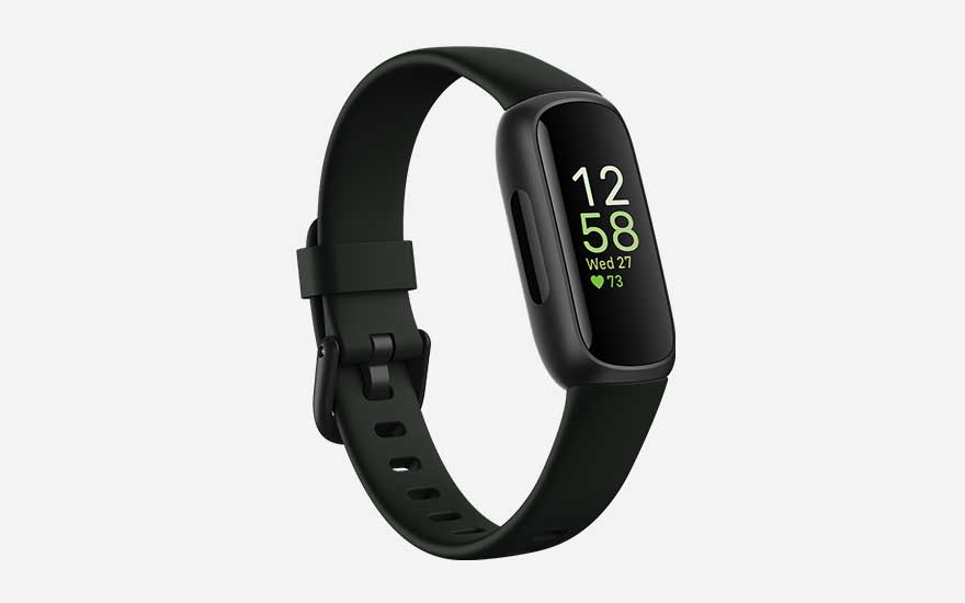 Dark green activity tracker with softly rounded screen shows time and heart rate, featuring an adjustable strap for daily wear.