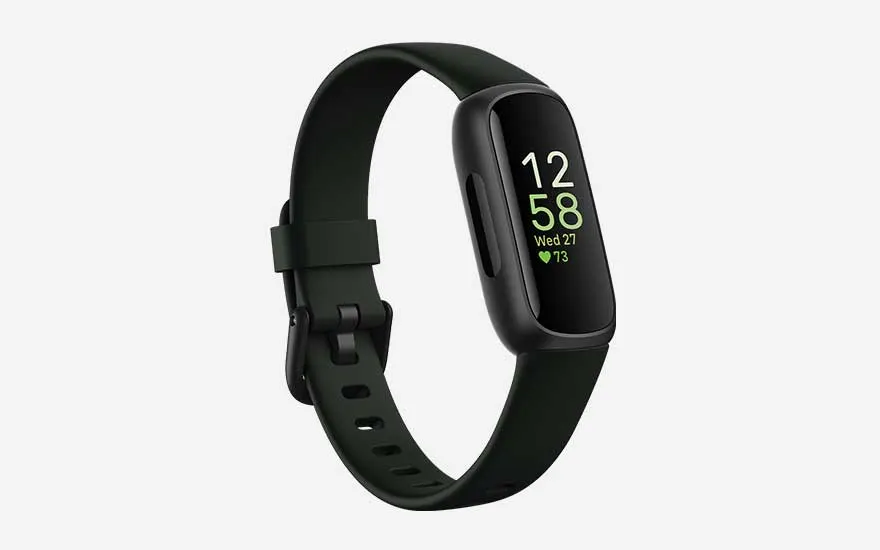 Dark green activity tracker with softly rounded screen shows time and heart rate, featuring an adjustable strap for daily wear.