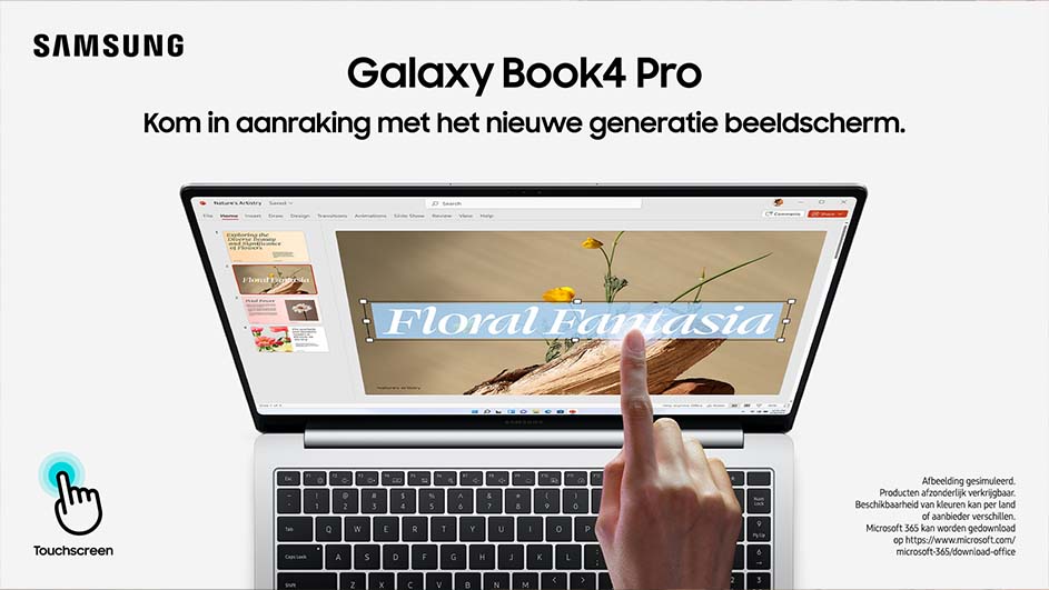 Laptop met scherm met "Floral Fantasia" en vinger die het scherm aanraakt. Samsung-logo zichtbaar.