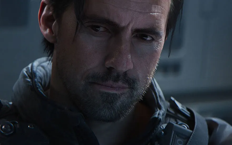 Close-up portret van gebaarde soldaat in Call of Duty Black Ops 7, intense blik, realistische graphics, donkere militaire uitrusting