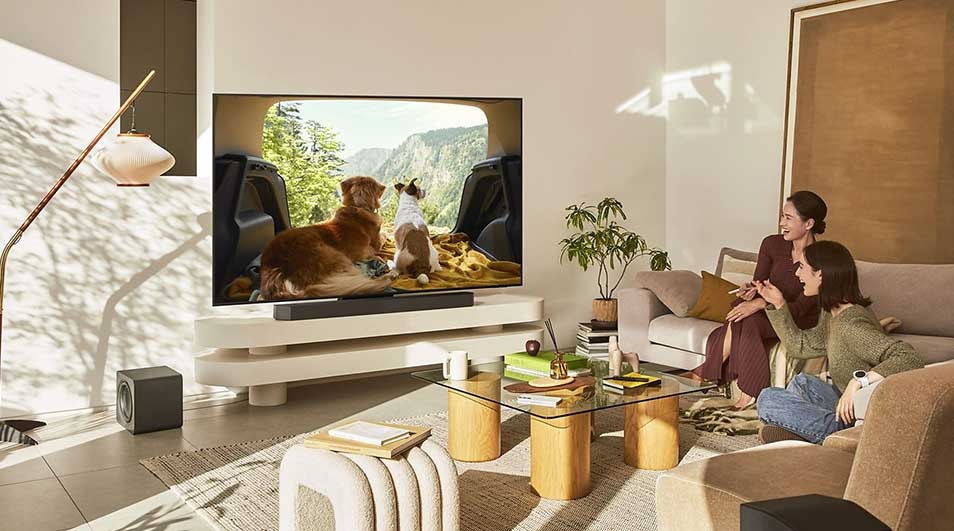 Twee vrouwen kijken naar een tv waarop twee honden in een auto te zien zijn, in een gezellige woonkamer met modern interieur.