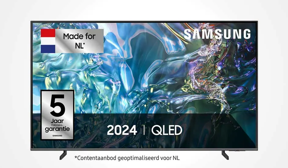 Een Samsung QLED tv met kleurrijk scherm, 5 jaar garantie, speciaal voor Nederland gemaakt en modeljaar 2024 staat in beeld.