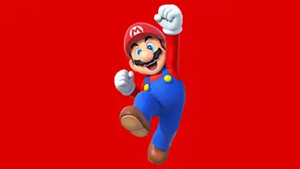 Mario in rode pet en blauwe overall springt tegen een rode achtergrond, met opgeheven vuist en een brede lach.