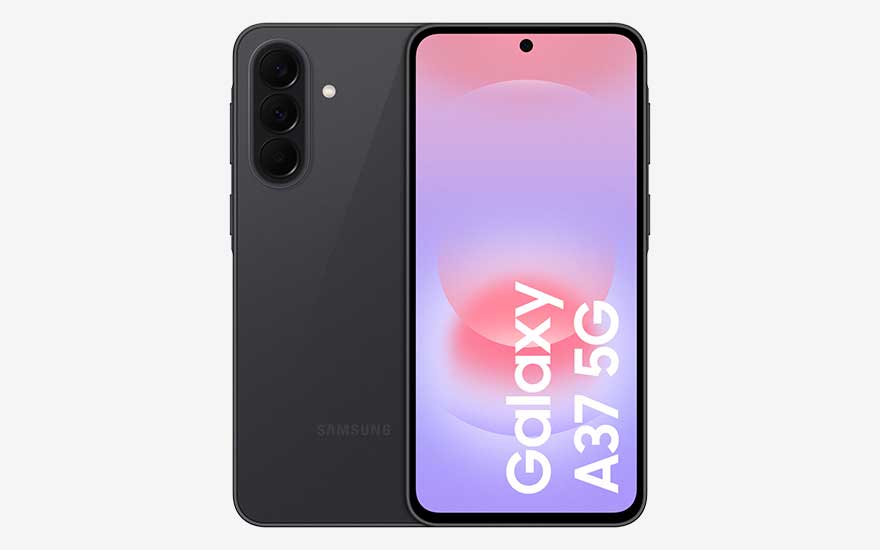 Dark grey Samsung Galaxy A37 5G, soft pink-purple display with model text, back reveals vertical triple cameras and small flash.