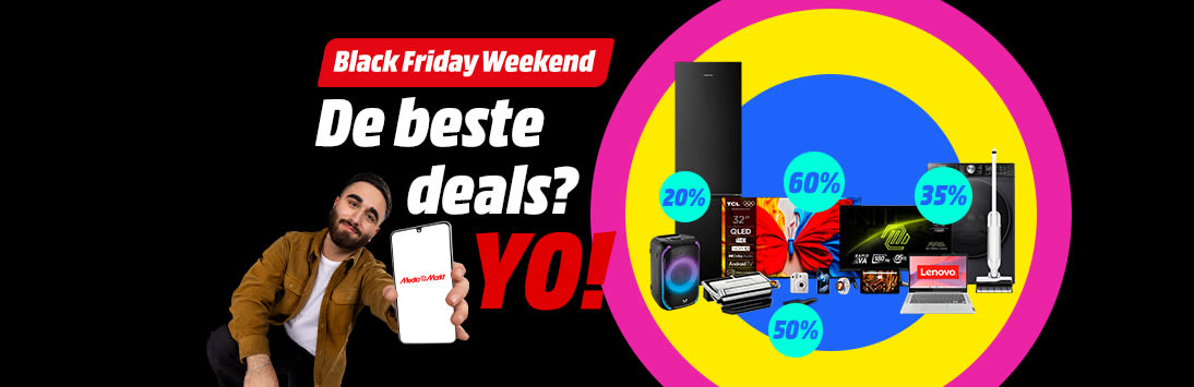 Man met smartphone met MediaMarkt-app, tekst: "Black Friday Weekend. De beste deals? YO!", met elektronica en kortingstickers tot 60% op kleurrijke cirkels.