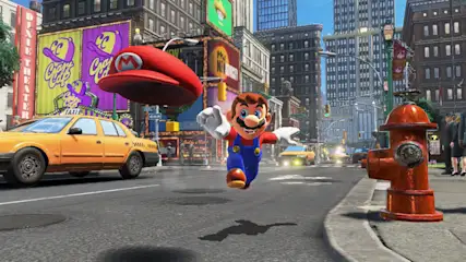 Mario rent door een levendige stadstraat vol neonreclames en gele taxi's, met zijn iconische rode pet zichtbaar in beweging.