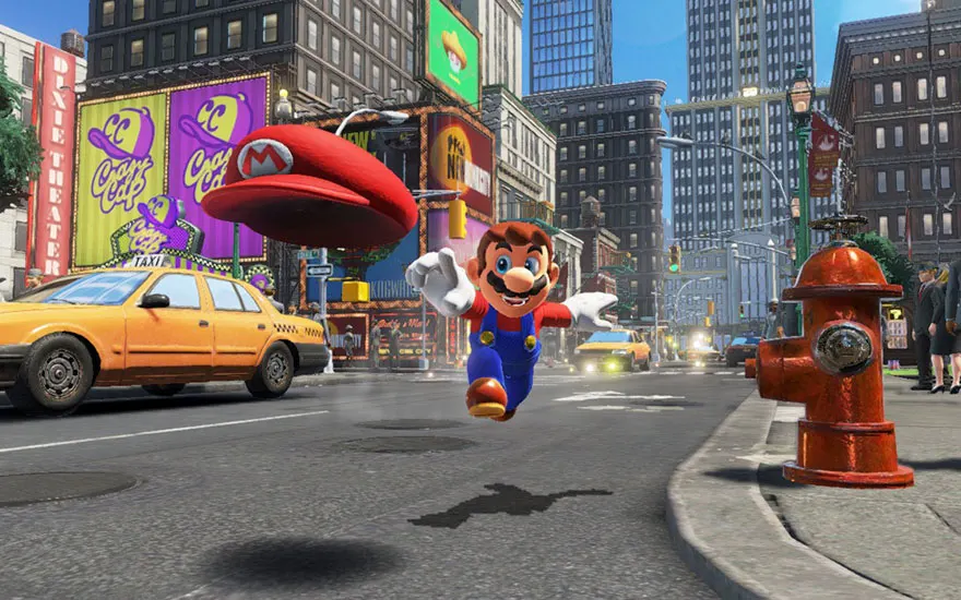 Mario rent door een levendige stadstraat vol neonreclames en gele taxi's, met zijn iconische rode pet zichtbaar in beweging.