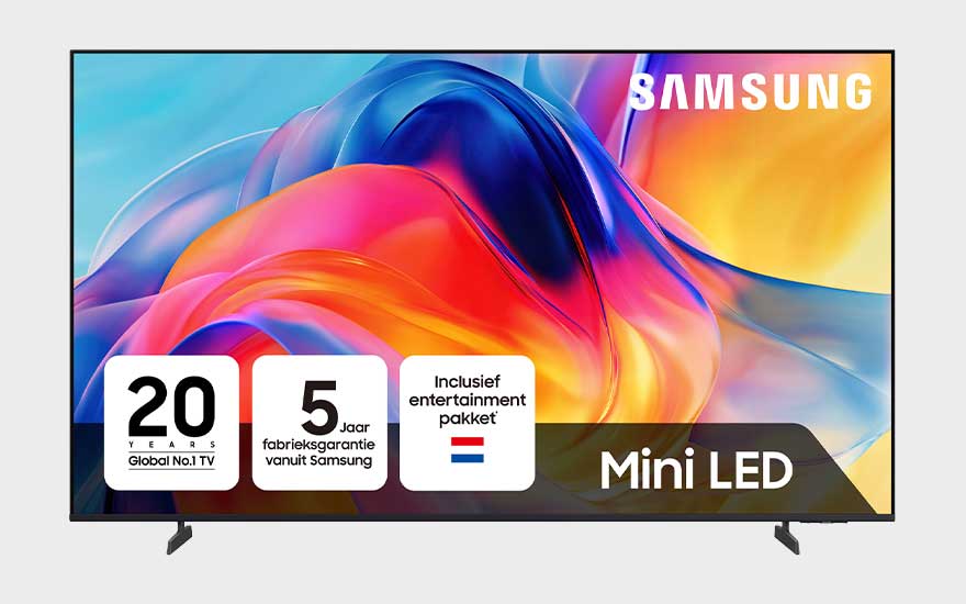 A Samsung Mini LED TV shows a colourful flowing abstract image, with promo panels and the brand name clearly visible.