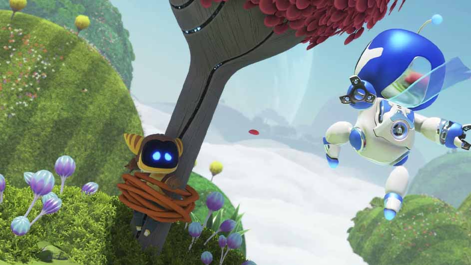 Een blauw-witte robot zweeft naast een boom met een vastgebonden bruine robot in een groene omgeving met paarse bloemen.