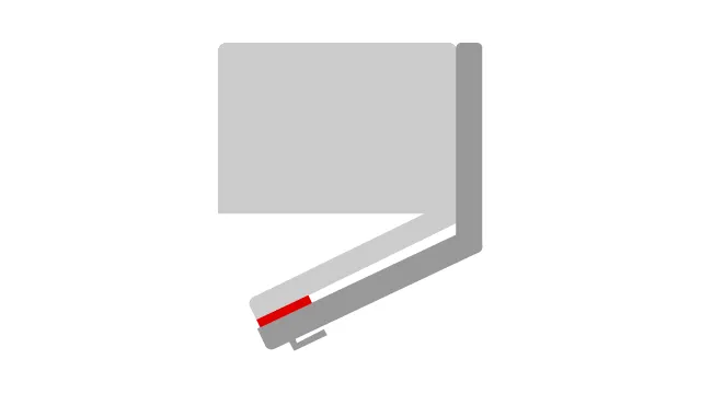 A gray, angled, geometric shape with a red accent sits on a white background.