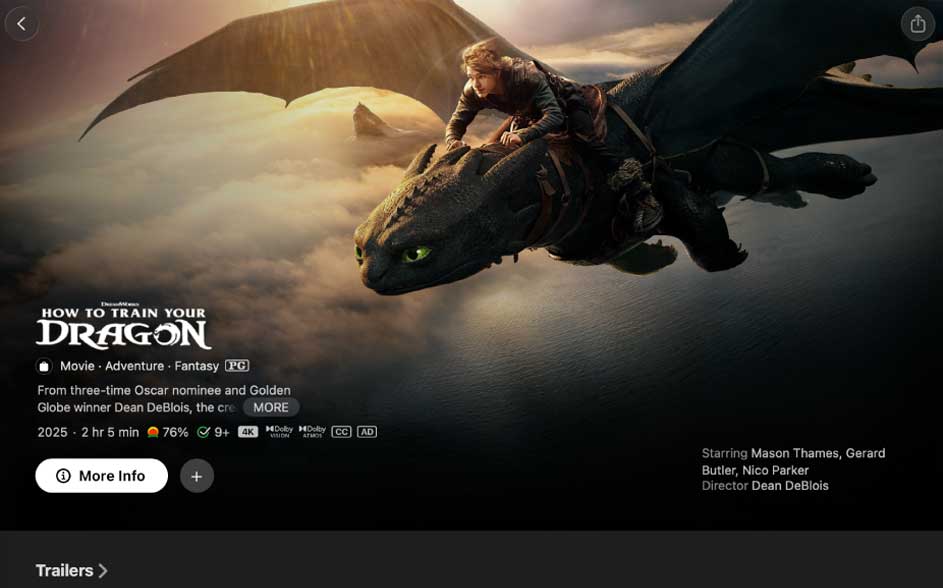 Een filmbanner: een jongen vliegt op een zwarte draak boven wolken bij zonsondergang; titel en knoppen staan onderaan in beeld.