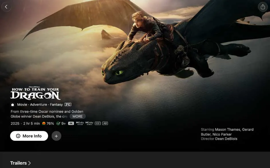 Een filmbanner: een jongen vliegt op een zwarte draak boven wolken bij zonsondergang; titel en knoppen staan onderaan in beeld.