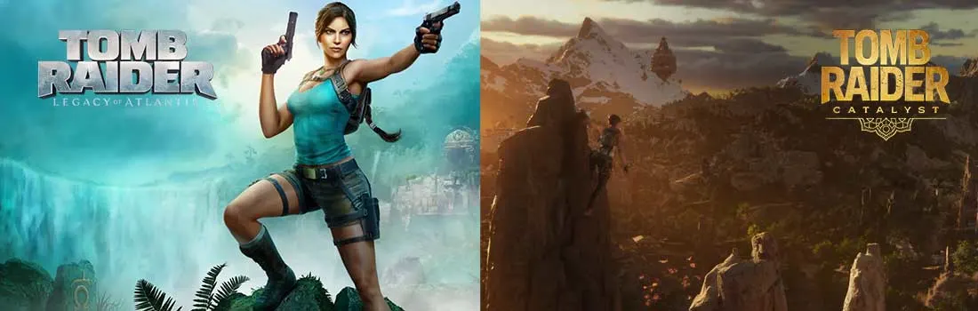Twee Tomb Raider-covers tonen Lara tegen wilde landschappen; titels beloven avonturen in Atlantis en een nieuw mysterieus Catalyst-verhaal.