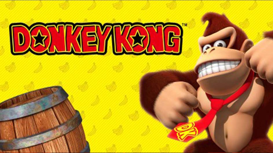 Donkey Kong-logo, een ton en een lachende bruine gorilla met een rode stropdas tegen een gele achtergrond met bananen.