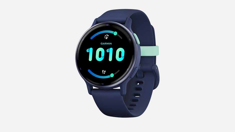 Smartwatch with a blue band displays "1010" on a black screen against a plain background.