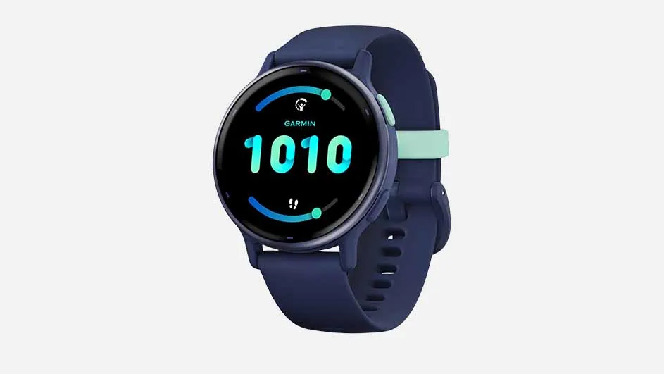 Smartwatch with a blue band displays "1010" on a black screen against a plain background.