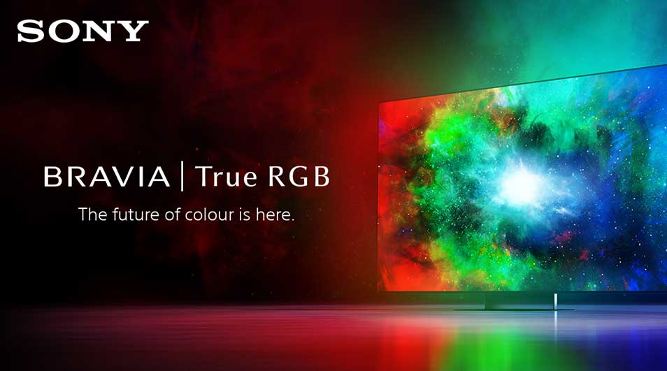 Sony BRAVIA True RGB tv met kleurrijke nevels op het scherm en slogan: de toekomst van kleur is hier.