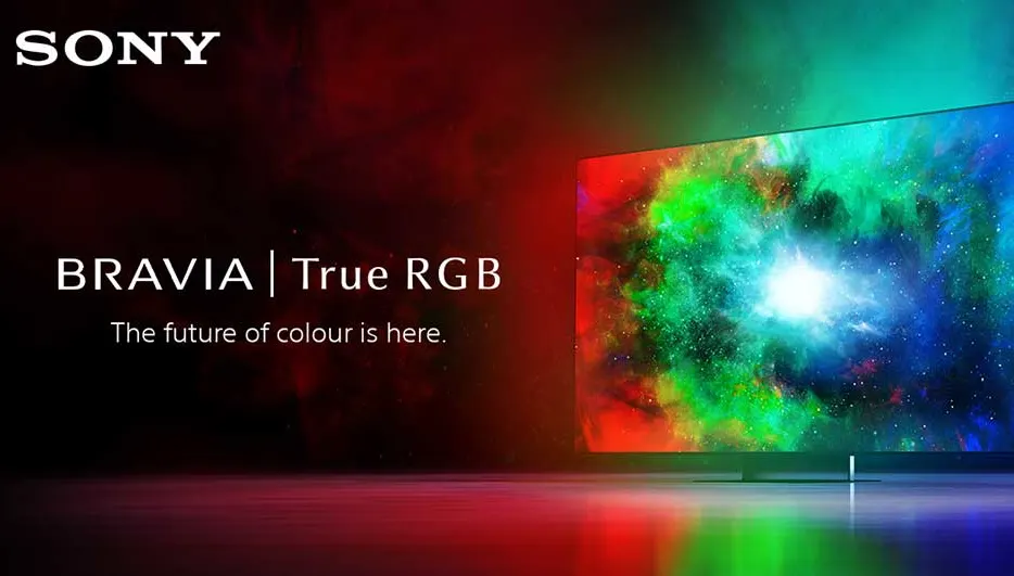 Sony BRAVIA True RGB tv met kleurrijke nevels op het scherm en slogan: de toekomst van kleur is hier.