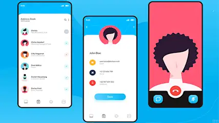 Drie smartphones met contactenlijsten op een blauwe achtergrond. De schermen tonen namen, nummers en contactdetails.