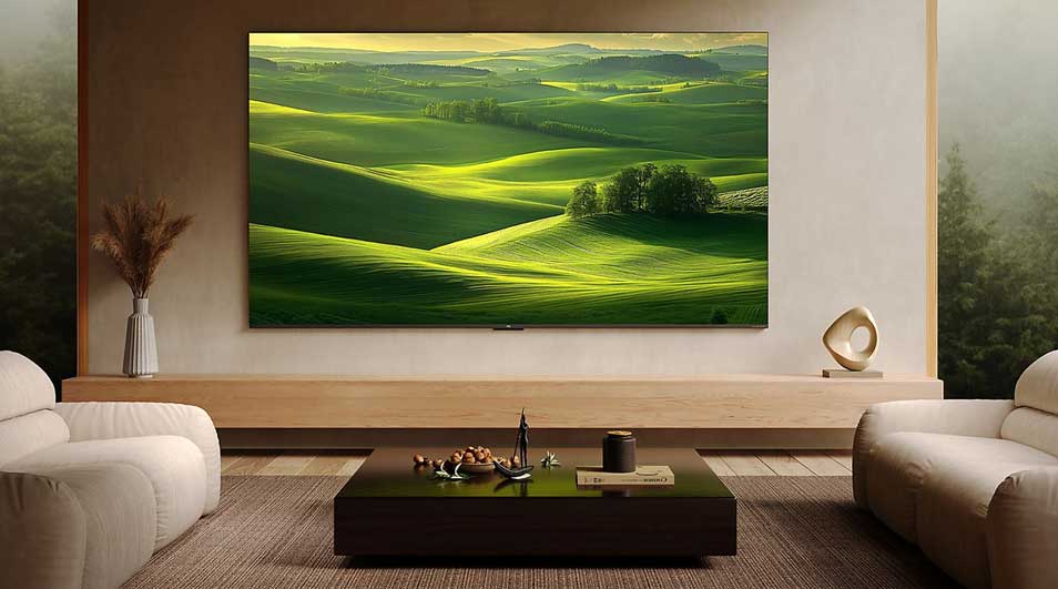 In a serene living room, a large TV shows rolling green hills; two cream sofas frame a low table beneath it in warm light.