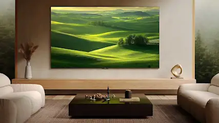 In a serene living room, a large TV shows rolling green hills; two cream sofas frame a low table beneath it in warm light.