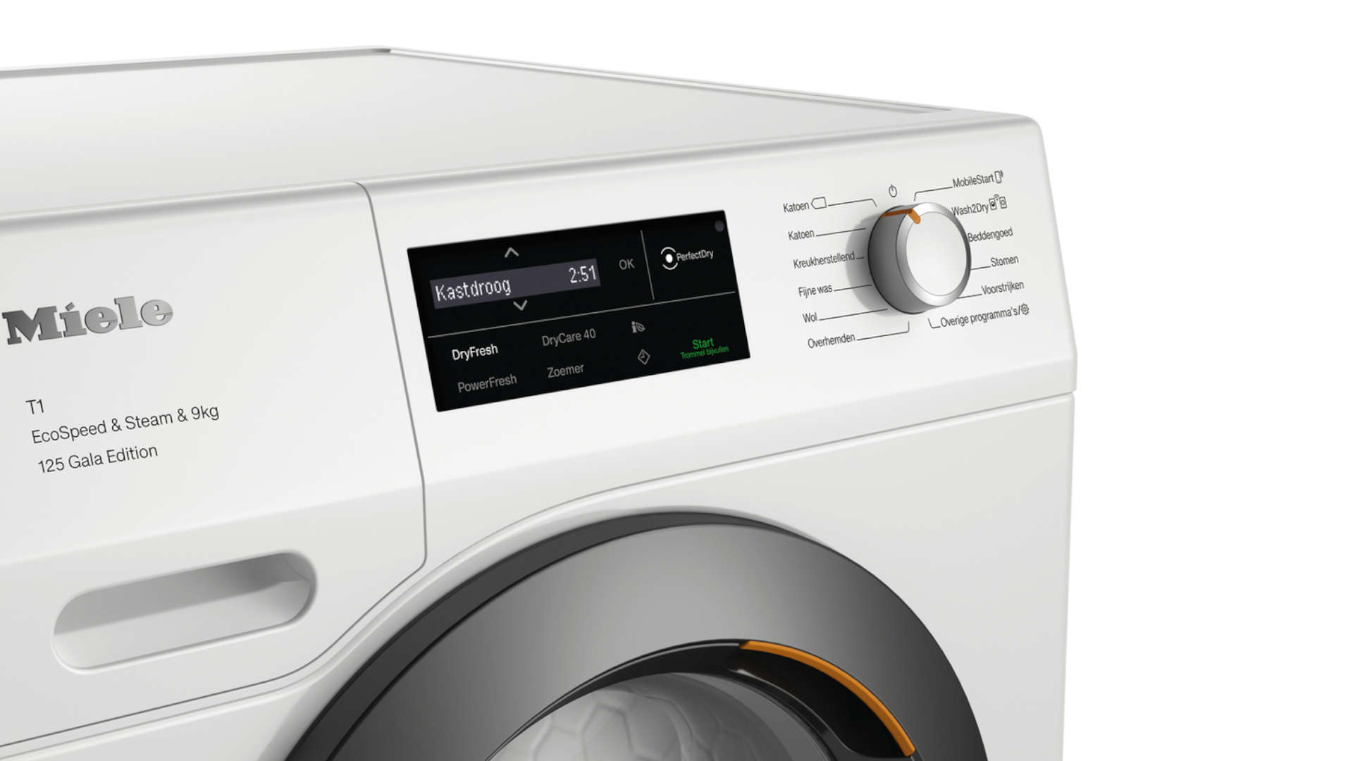 Wit Miele wasdroger met digitaal scherm 'Kastdroog', knop voor programma selectie en startknop.