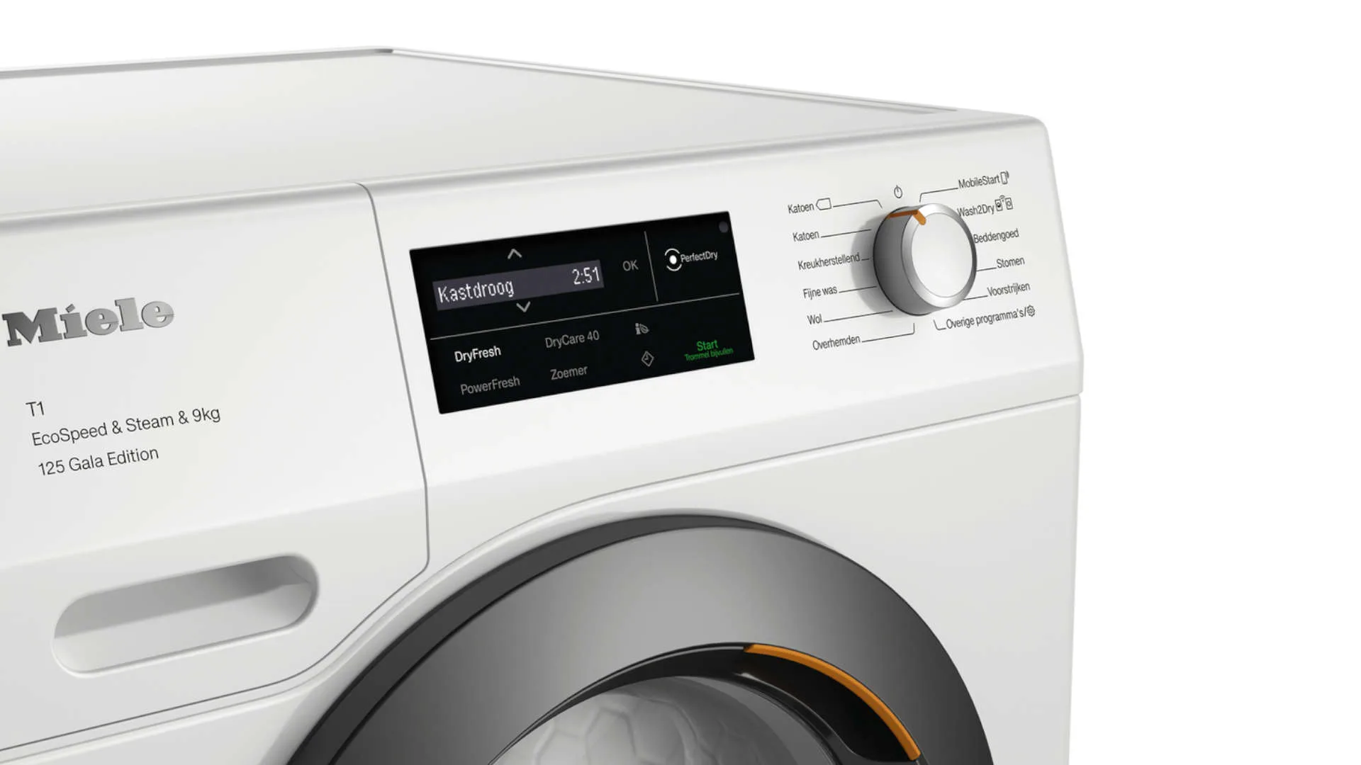 Wit Miele wasdroger met digitaal scherm 'Kastdroog', knop voor programma selectie en startknop.
