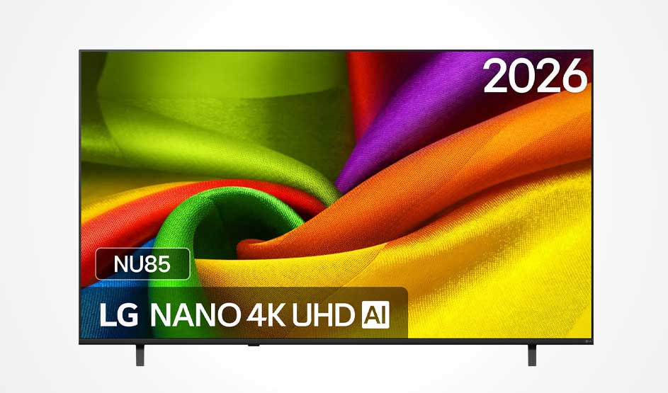 An LG television shows colourful flowing shapes, with model details and the year 2026 on the screen.