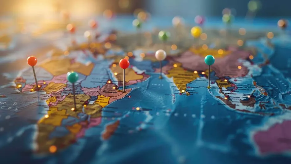 Een wereldkaart met blauwe oceanen en veelkleurige landen, gemarkeerd met rode, groene, gele en witte punaises.