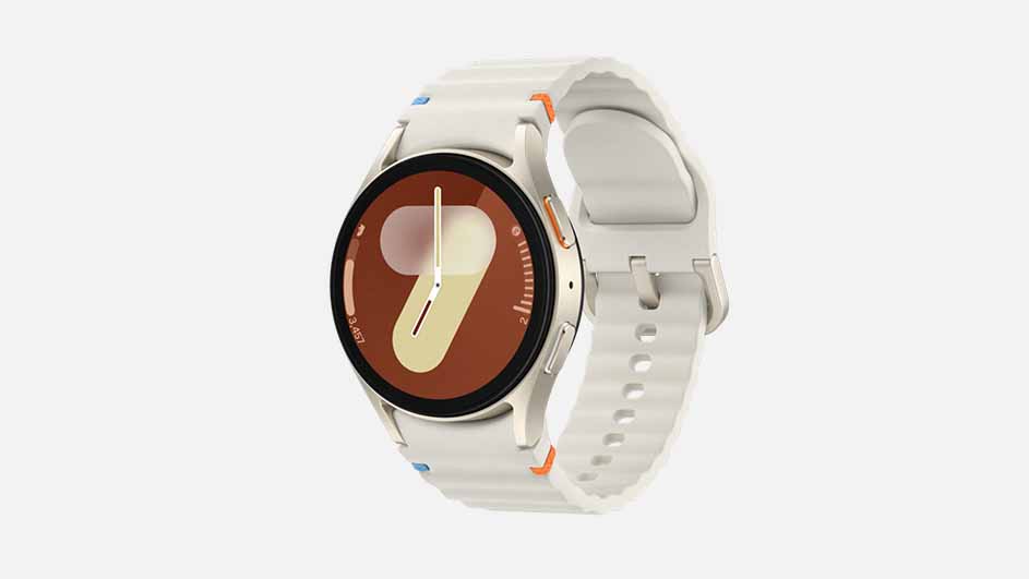 A smart watch with a white band displays the time as 9:05 on a brown face.