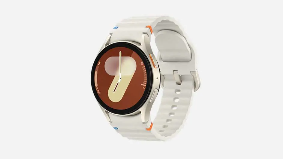 A smart watch with a white band displays the time as 9:05 on a brown face.