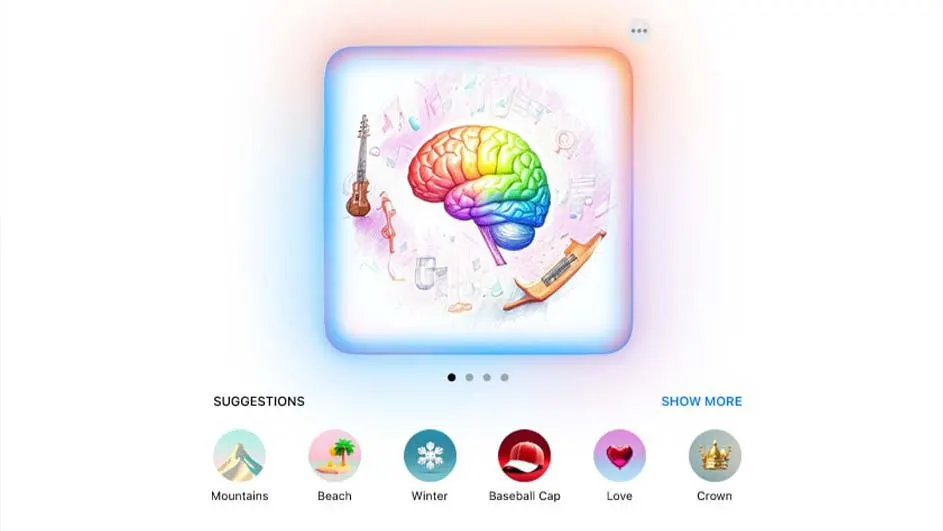 Een scherm met een kleurrijke hersenafbeelding omgeven door instrumenten en suggestie-icoontjes onderaan.