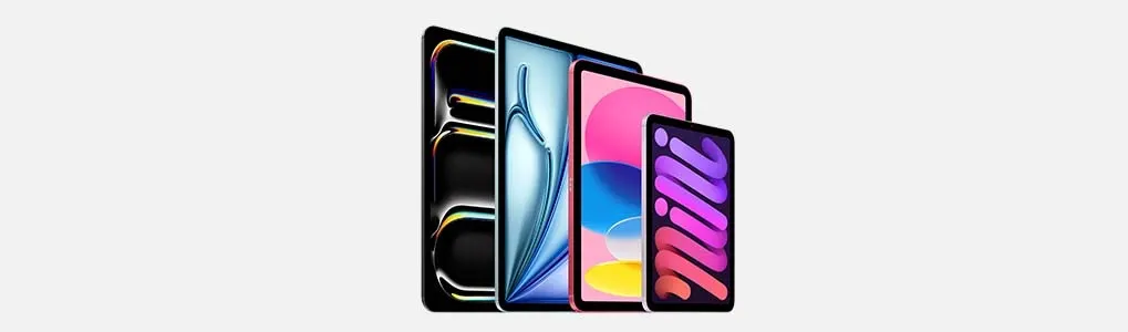 Four tablets of varying sizes are aligned, each displaying unique screen visuals and colorful displays on a plain background.