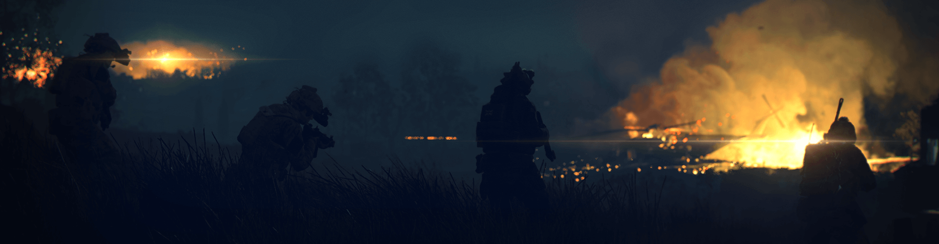 Drie soldaten staan in een donker veld, met een brandende vuurzee op de achtergrond.