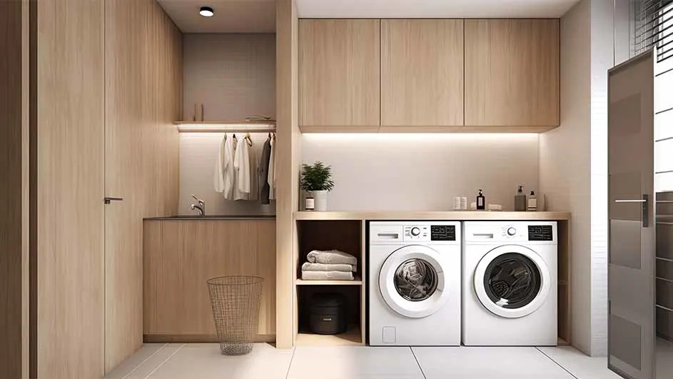 Een moderne wasruimte met houten kasten, een wasmachine en droger naast elkaar. Er is geen merk zichtbaar op de apparaten.