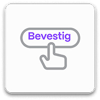 Witte knop met afgeronde hoeken, 'Bevestig' in paars, handwijzer-icoon eronder, grijze omtrek, voor actiebevestiging.