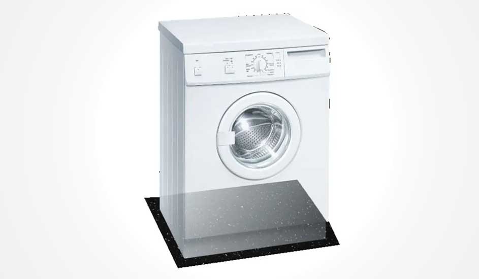 A white Bosch washing machine with a front door and manual controls stands on a black speckled platform, drum clearly visible.