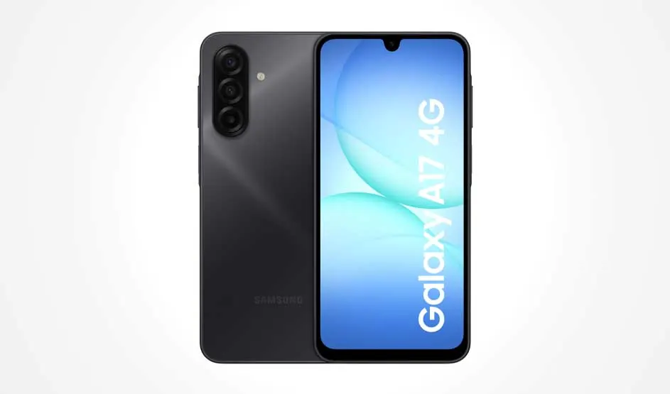 Een zwarte Samsung Galaxy A17 4G smartphone met drievoudige camera aan achterkant. Scherm toont blauwe wallpaper met "Galaxy A17 4G" tekst. Modern design met waterduppel notch.