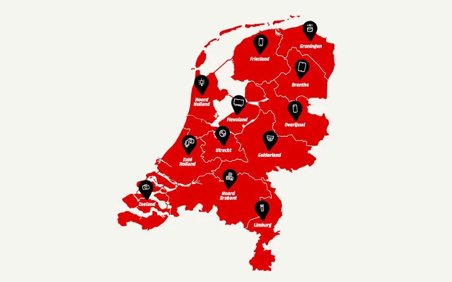 Een rode kaart van Nederland toont de provincies met hun namen en zwarte iconen die verschillende categorieën of thema's aanduiden.