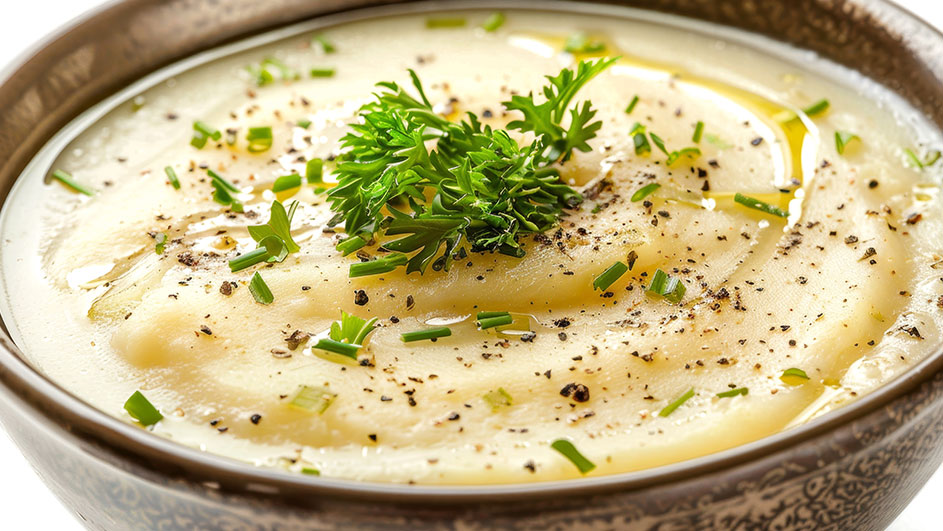 Een kom met aardappelpuree, gegarneerd met peterselie, bieslook en zwarte peper. Er is een scheutje olie op de puree.