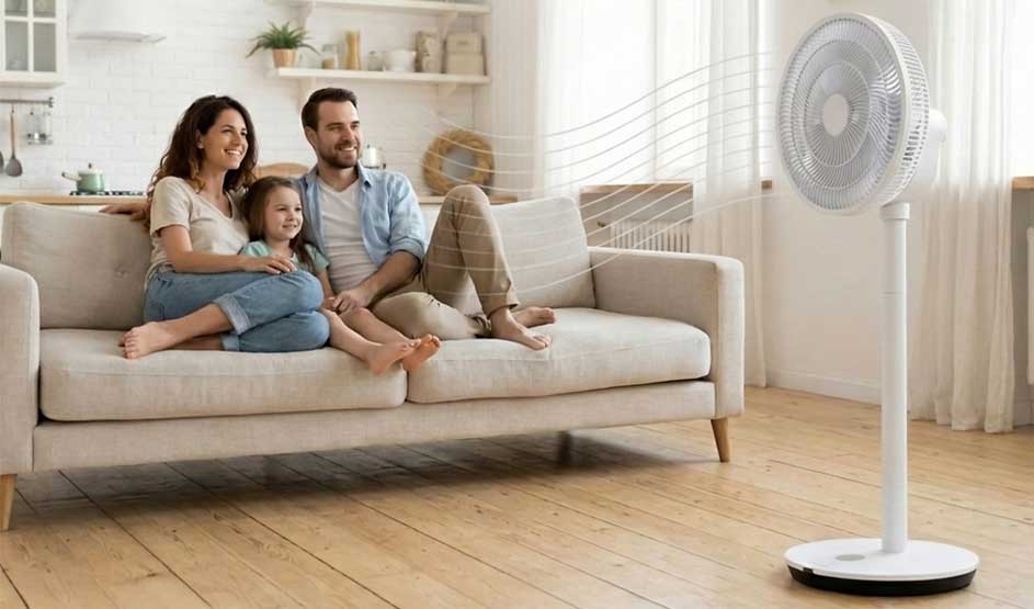 A family sits comfortably on a sofa while a fan blows cool air through a bright, peaceful living room.