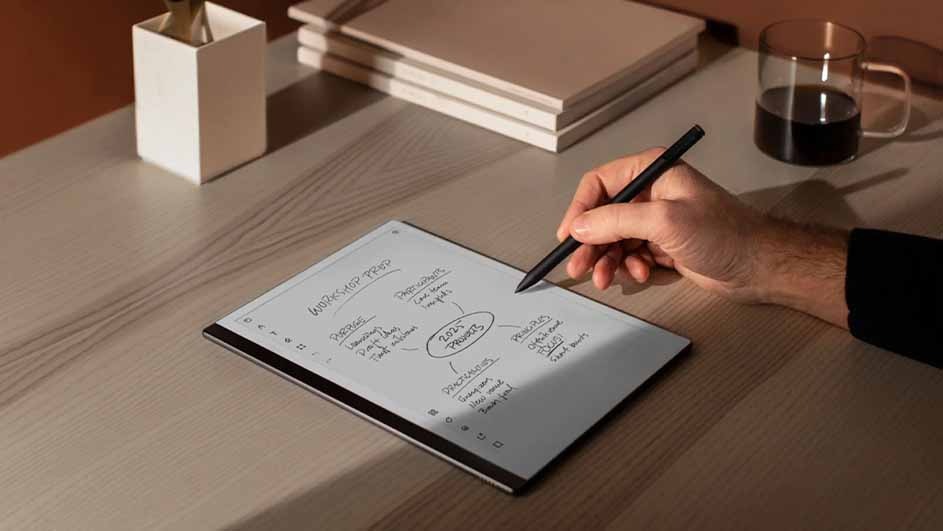 A hand holds a stylus over a tablet displaying a mind map on a wooden desk with books, a pen holder, and a mug.