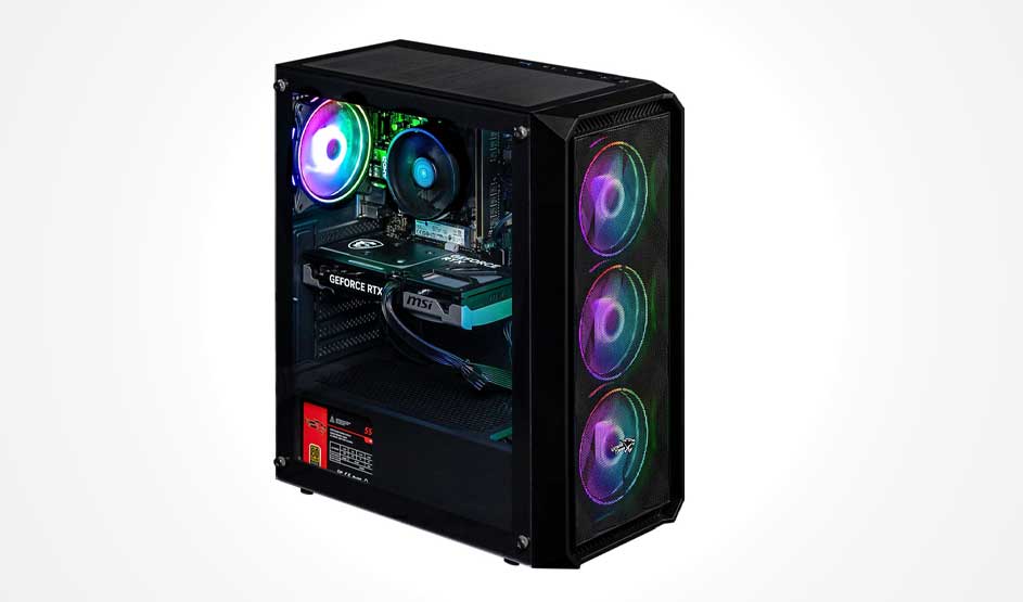 Black gaming PC with glass side panel, GeForce RTX card and three RGB front fans glowing brightly in shifting rainbow colours.