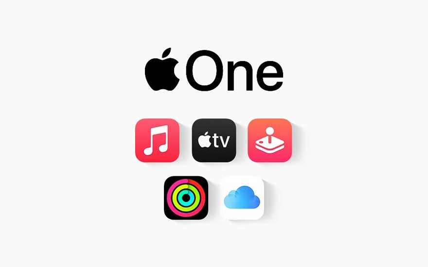 Het Apple One logo verschijnt boven pictogrammen voor muziek, tv, games, fitness en iCloud, op een minimalistische witte achtergrond.