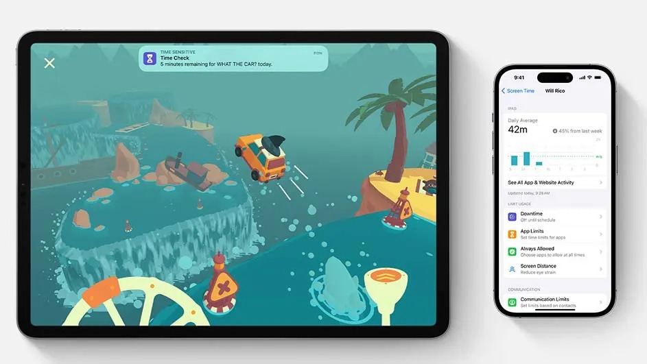 Op de afbeelding zie je een Apple iPad met een kleurrijk racespel en een iPhone die schermtijd en app-limieten weergeeft voor gebruikers.
